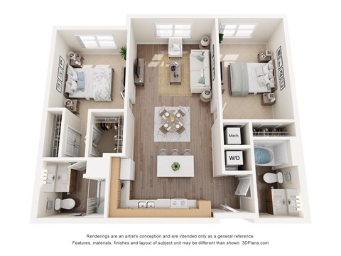 Floor plan for 2 beds, 2 baths, 1064 sqft